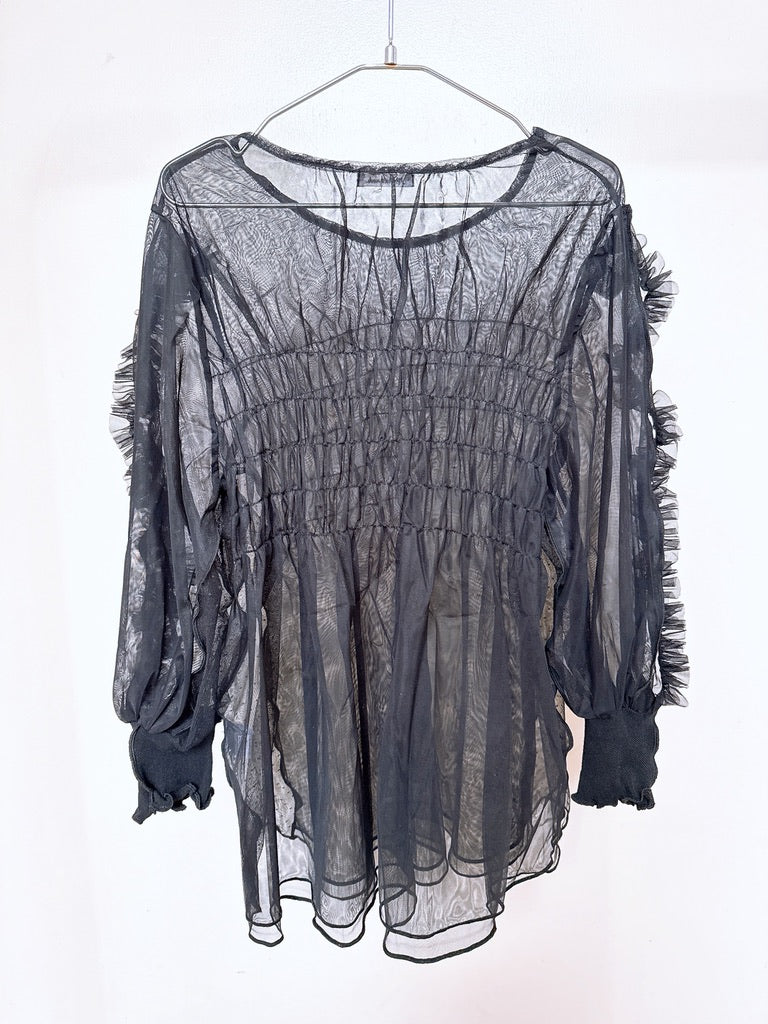 504203 シースルーフリルトップス (黒)black 2way mesh ruffled tops
