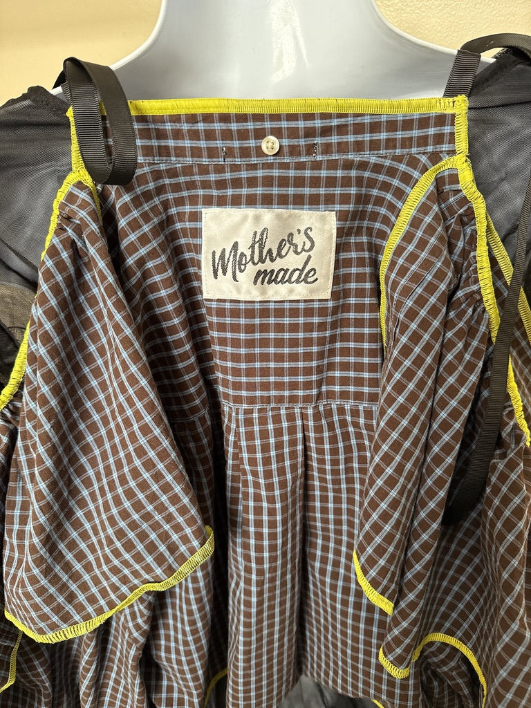 503237 肩リボンフリンジフリル2wayシャツ (茶色に青チェック) Tussles attached plaid tops