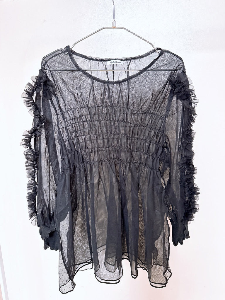 504203 シースルーフリルトップス (黒)black 2way mesh ruffled tops