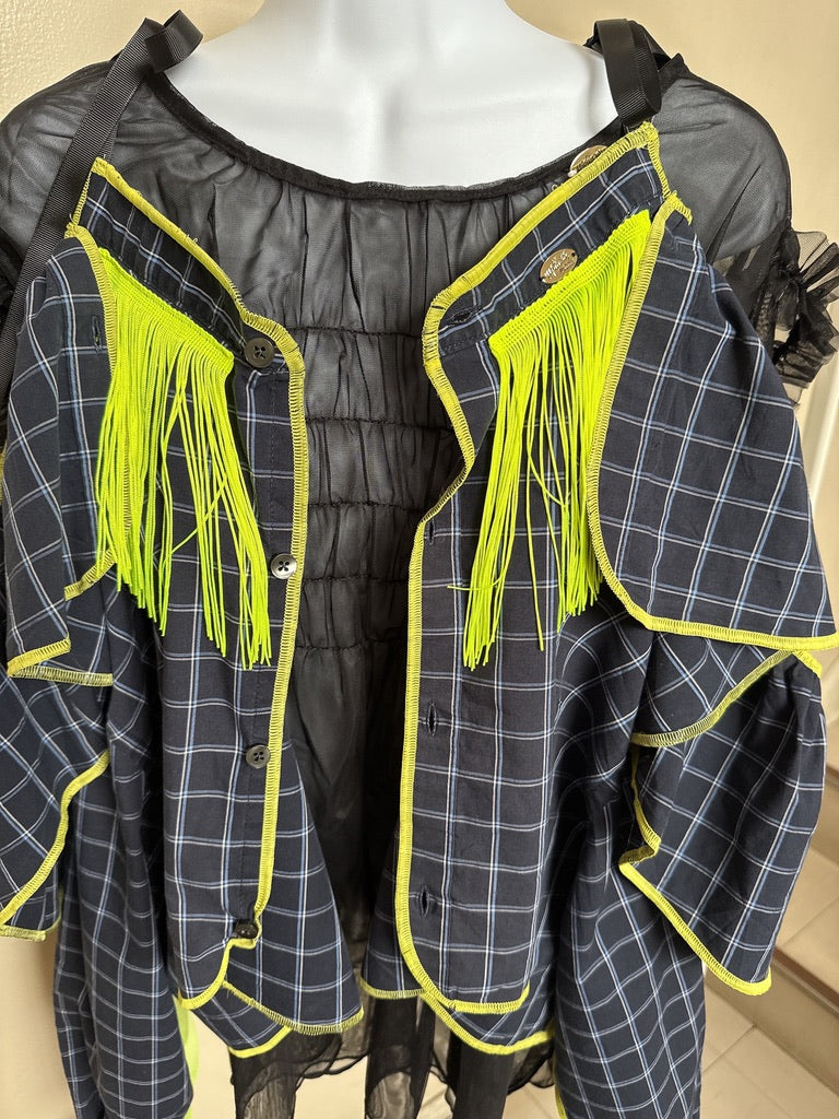 503236　肩リボンフリンジフリル2wayシャツ　（紺地に白チェック）　　Tussles attached plaid tops
