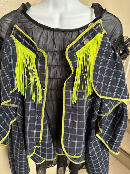 503236　肩リボンフリンジフリル2wayシャツ　（紺地に白チェック）　　Tussles attached plaid tops
