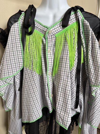 503242　肩リボンフリンジフリル2wayシャツ　（白地に青チェック）　Tussles attached plaid tops