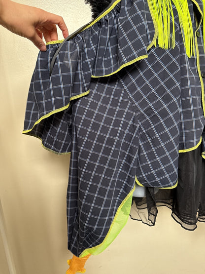 503236　肩リボンフリンジフリル2wayシャツ　（紺地に白チェック）　　Tussles attached plaid tops