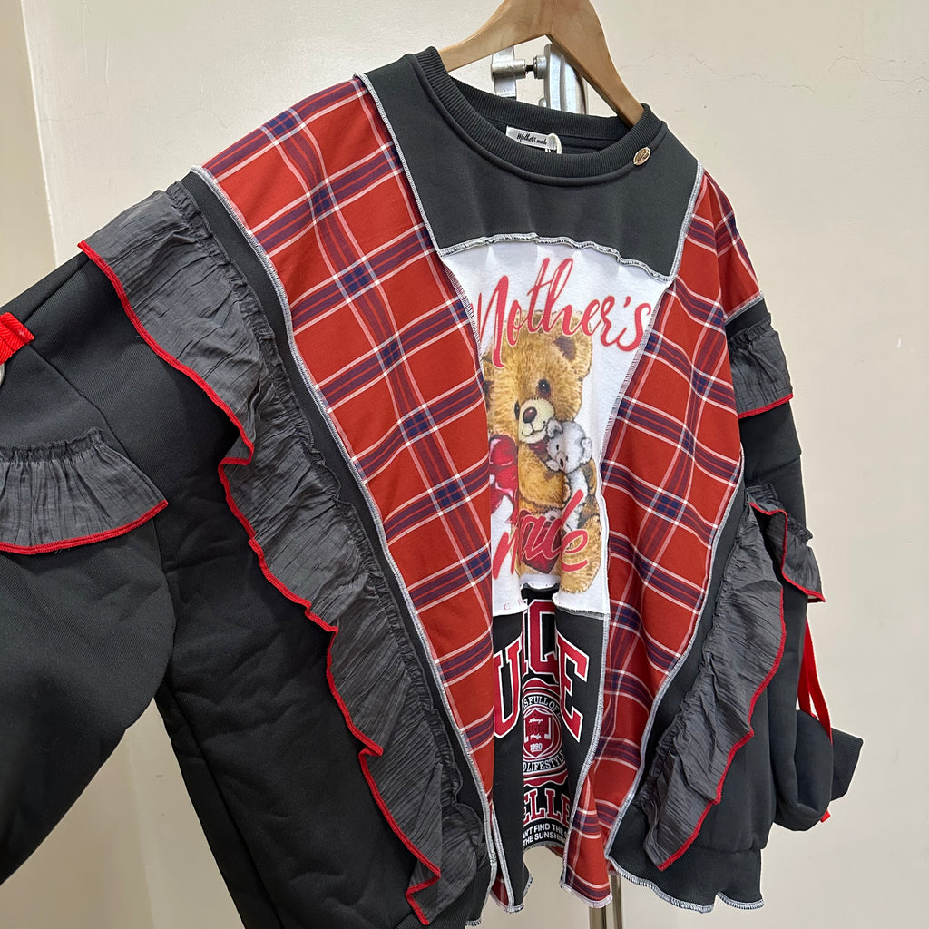 テディベアチェック柄リメイクスウェットシャツ