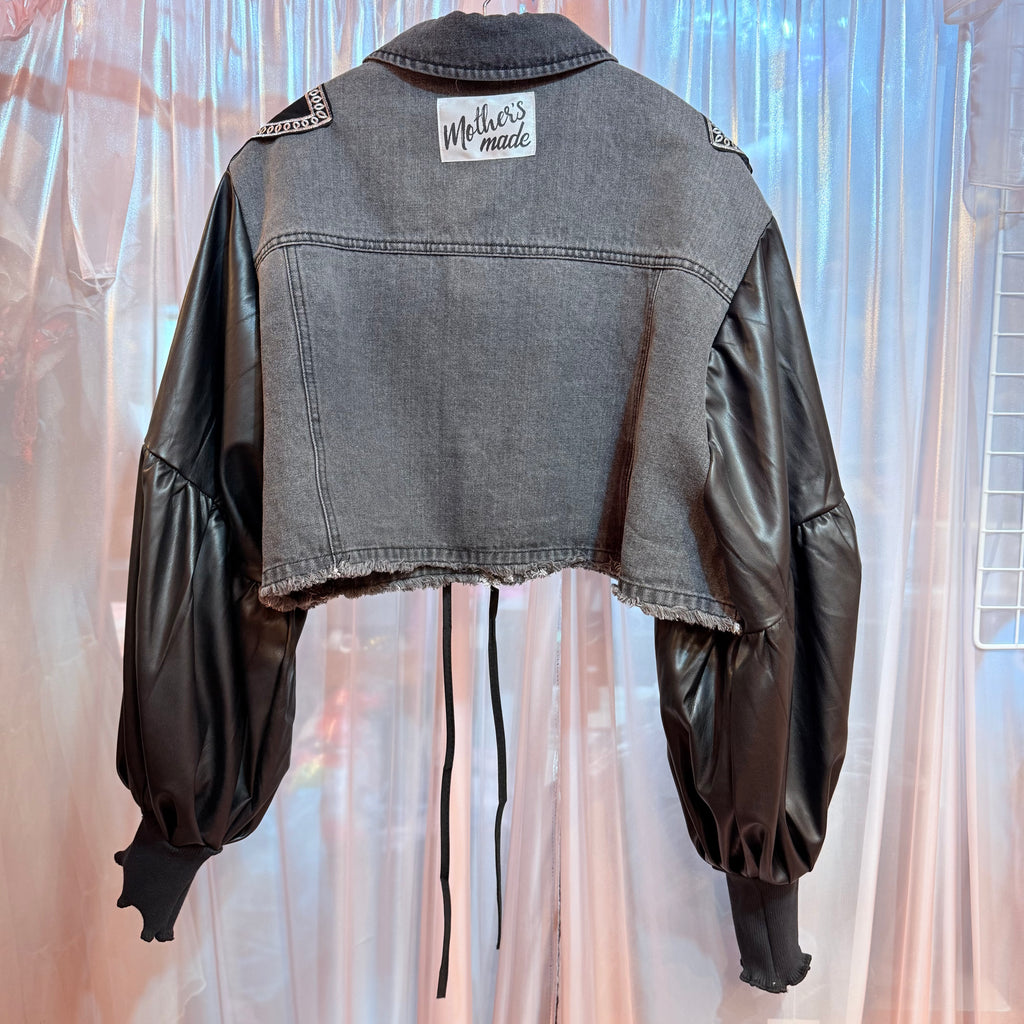 フェイクレザーのバルーンスリーブデニムジャケット