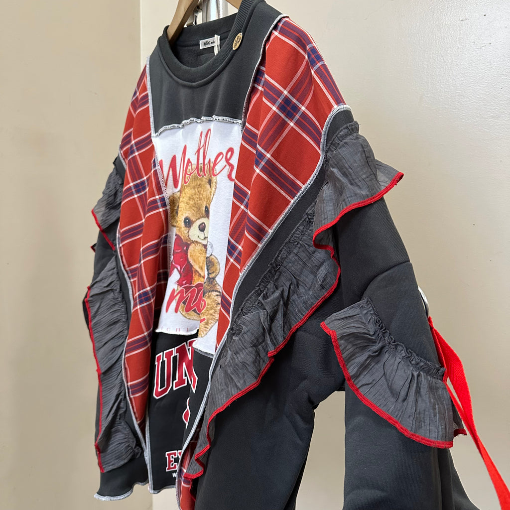テディベアチェック柄リメイクスウェットシャツ