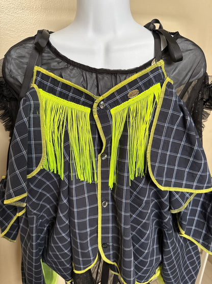 503236　肩リボンフリンジフリル2wayシャツ　（紺地に白チェック）　　Tussles attached plaid tops