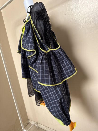 503236　肩リボンフリンジフリル2wayシャツ　（紺地に白チェック）　　Tussles attached plaid tops