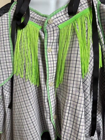 503242　肩リボンフリンジフリル2wayシャツ　（白地に青チェック）　Tussles attached plaid tops