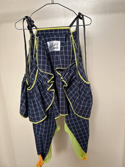 503236　肩リボンフリンジフリル2wayシャツ　（紺地に白チェック）　　Tussles attached plaid tops