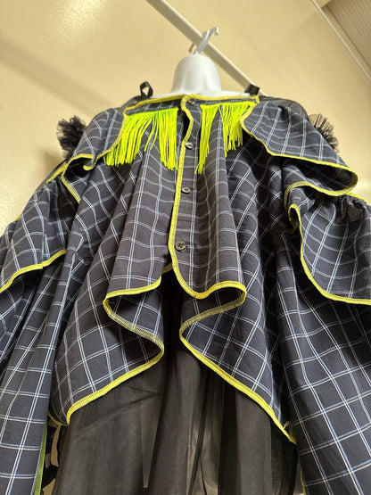 503236　肩リボンフリンジフリル2wayシャツ　（紺地に白チェック）　　Tussles attached plaid tops
