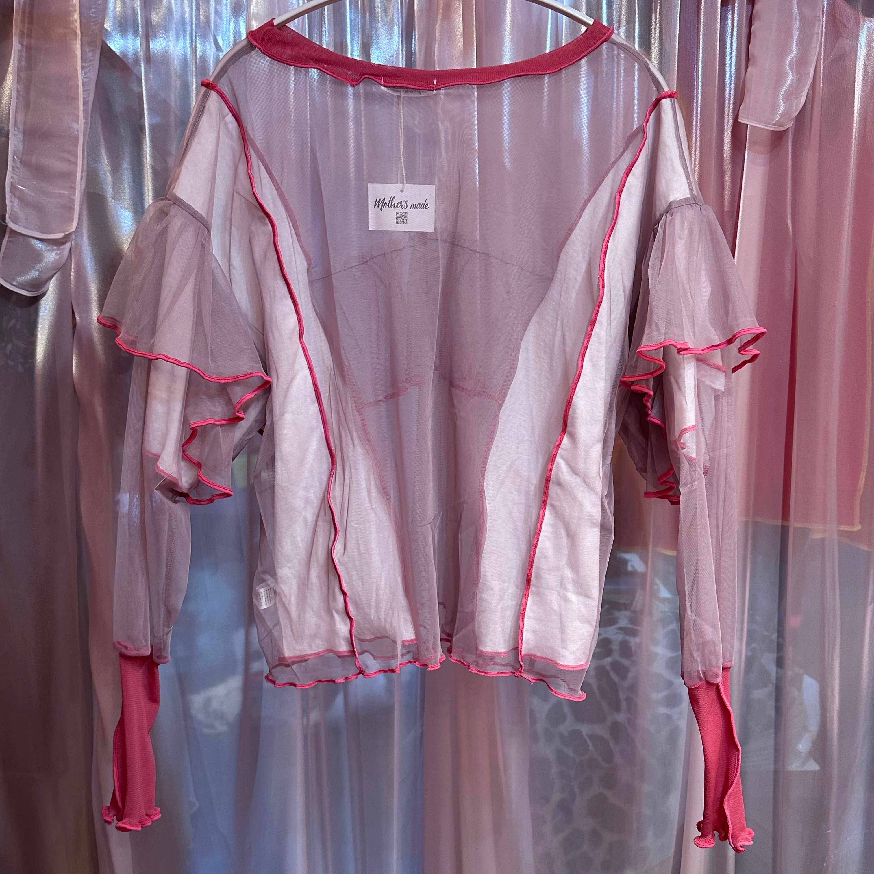 ピンクシアーフリル長袖トップス