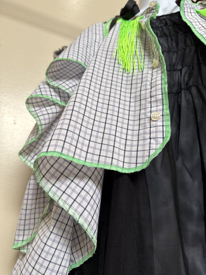 503242　肩リボンフリンジフリル2wayシャツ　（白地に青チェック）　Tussles attached plaid tops