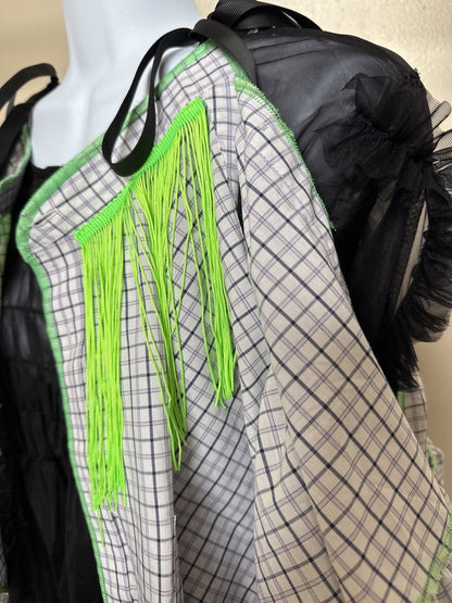 503242　肩リボンフリンジフリル2wayシャツ　（白地に青チェック）　Tussles attached plaid tops