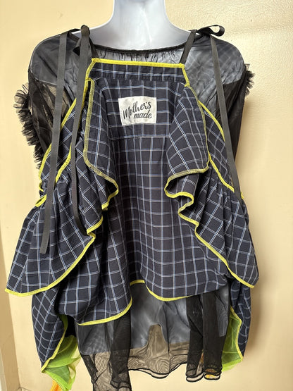 503236　肩リボンフリンジフリル2wayシャツ　（紺地に白チェック）　　Tussles attached plaid tops