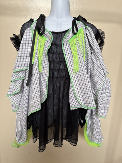 503242　肩リボンフリンジフリル2wayシャツ　（白地に青チェック）　Tussles attached plaid tops