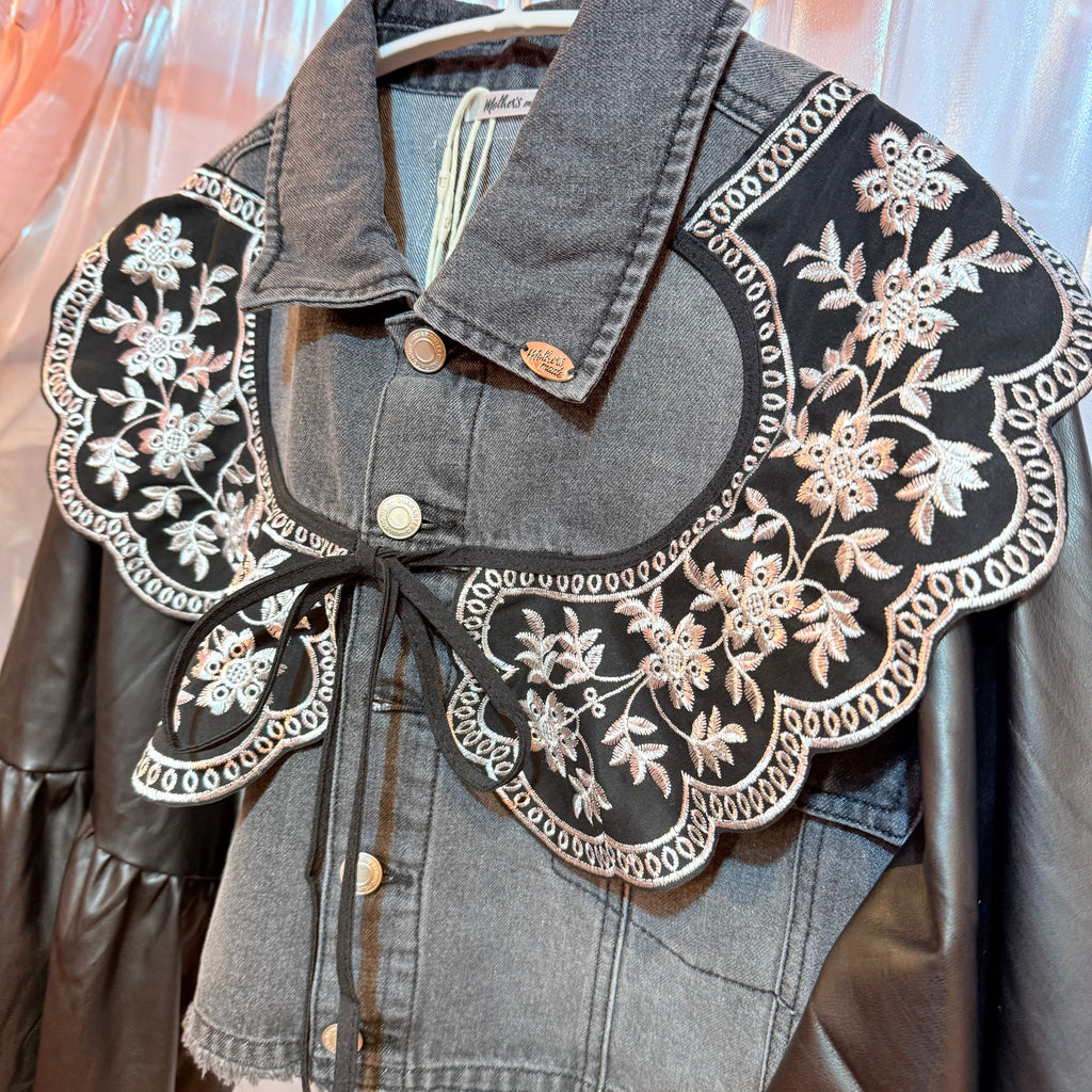 フェイクレザーのバルーンスリーブデニムジャケット