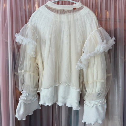 シアーWニットチュール袖トップス（WHITE）