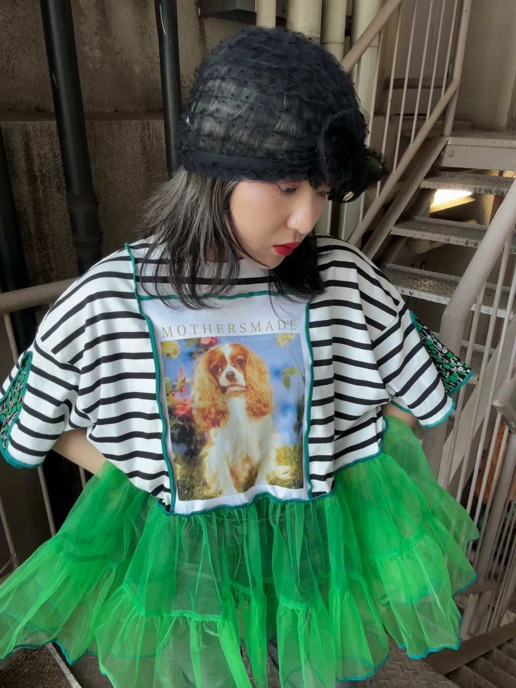 キャバリア犬半袖ボーダーTシャツ＆グリーンチュール