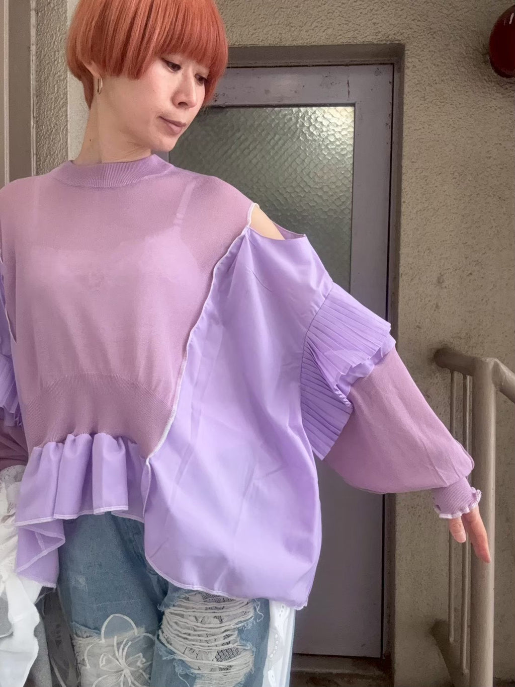 パープルピンクプリーツ切替ニット