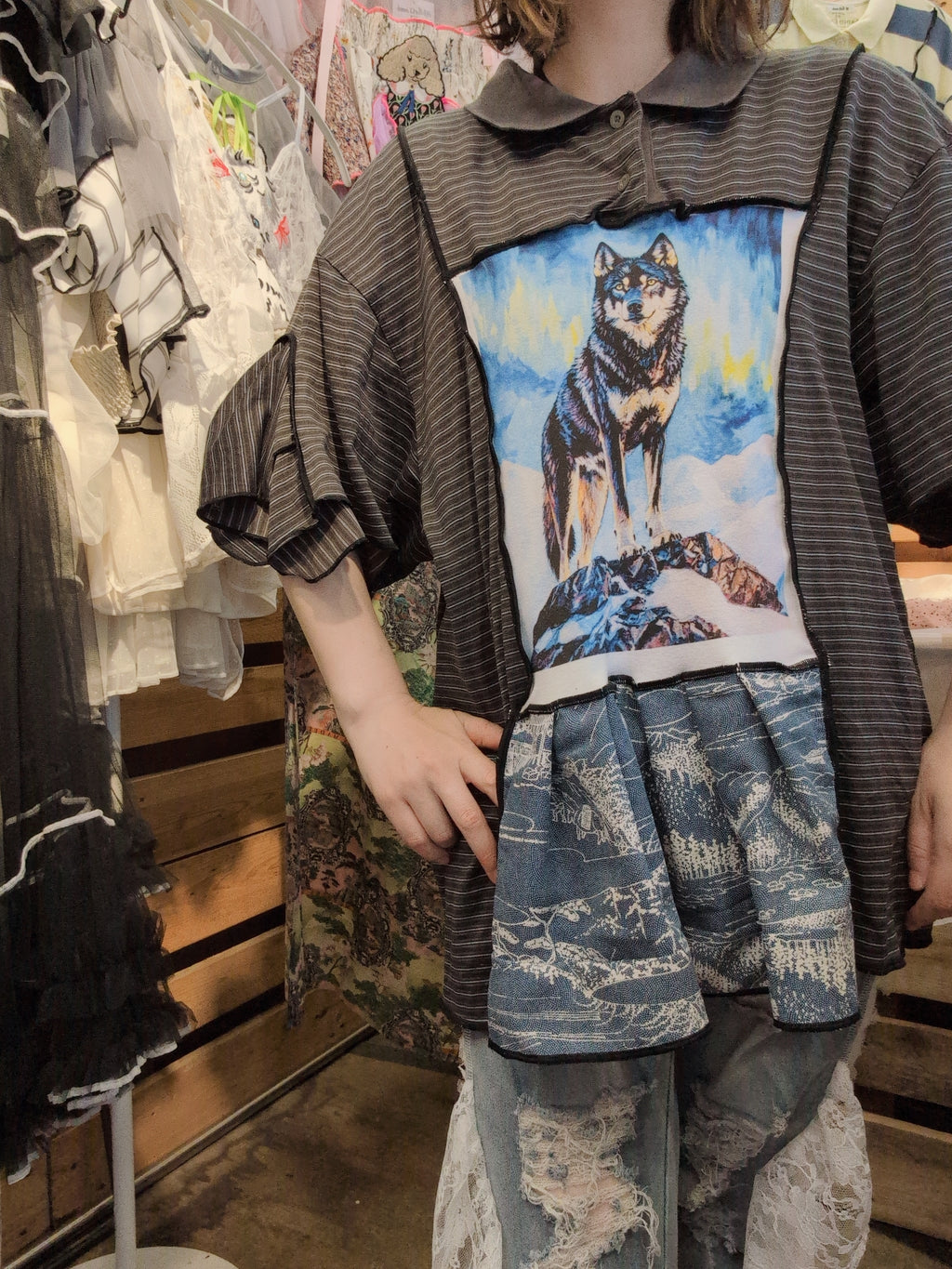 おおかみポロシャツ チャコールボーダー