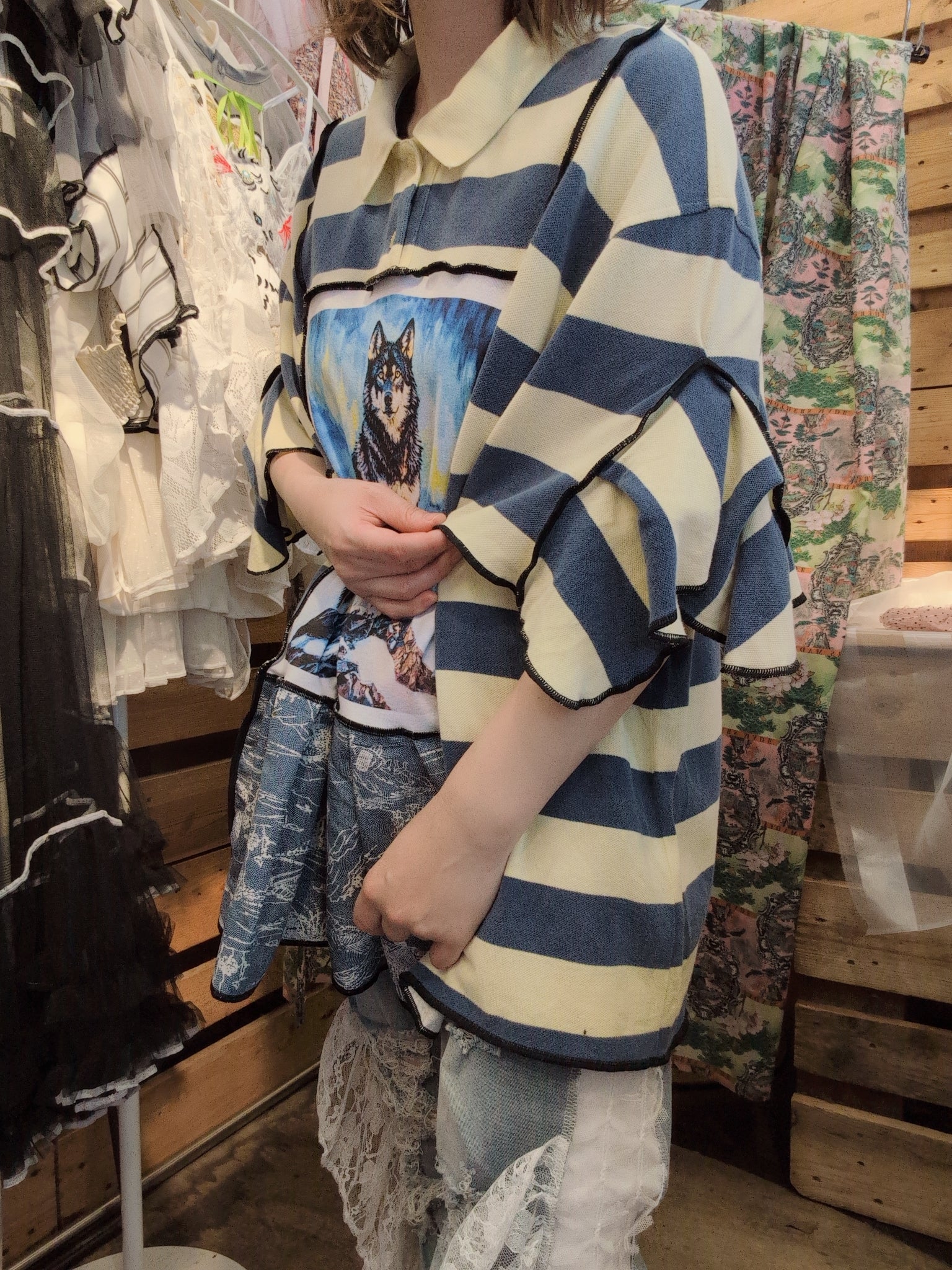 おおかみポロシャツ マスタードボーダー