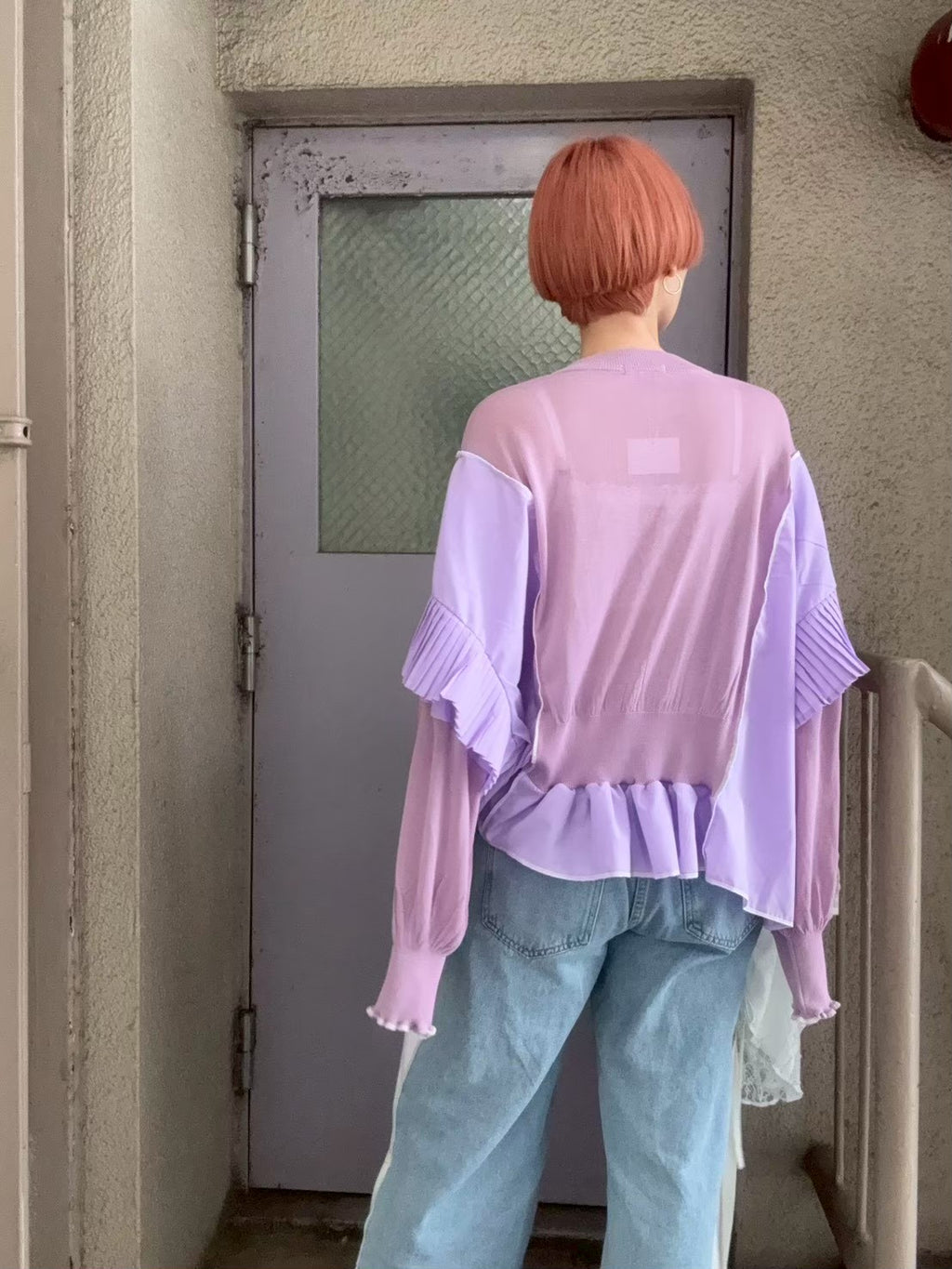 パープルピンクプリーツ切替ニット