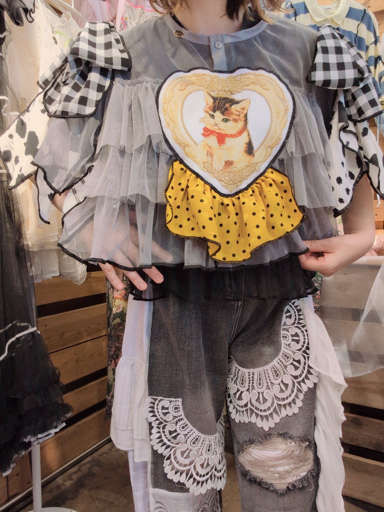 ねこハート♡シフォントップス グレー