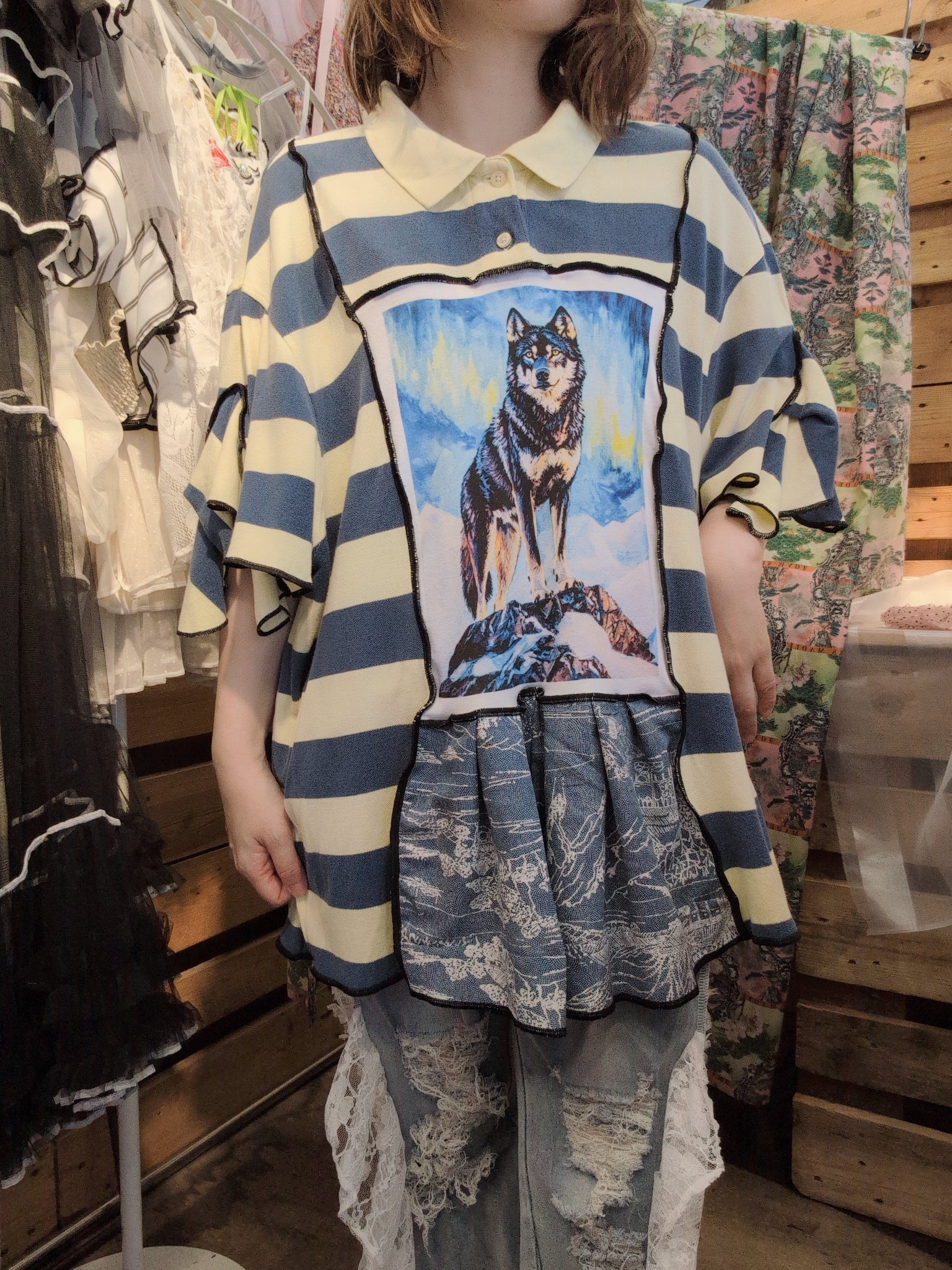 おおかみポロシャツ マスタードボーダー