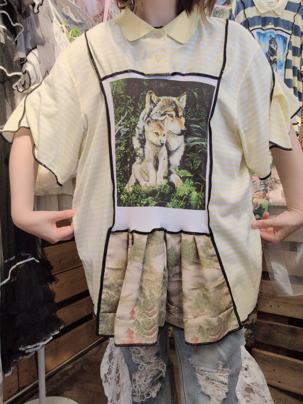 おおかみの親子ポロシャツ ライトイエローボーダー