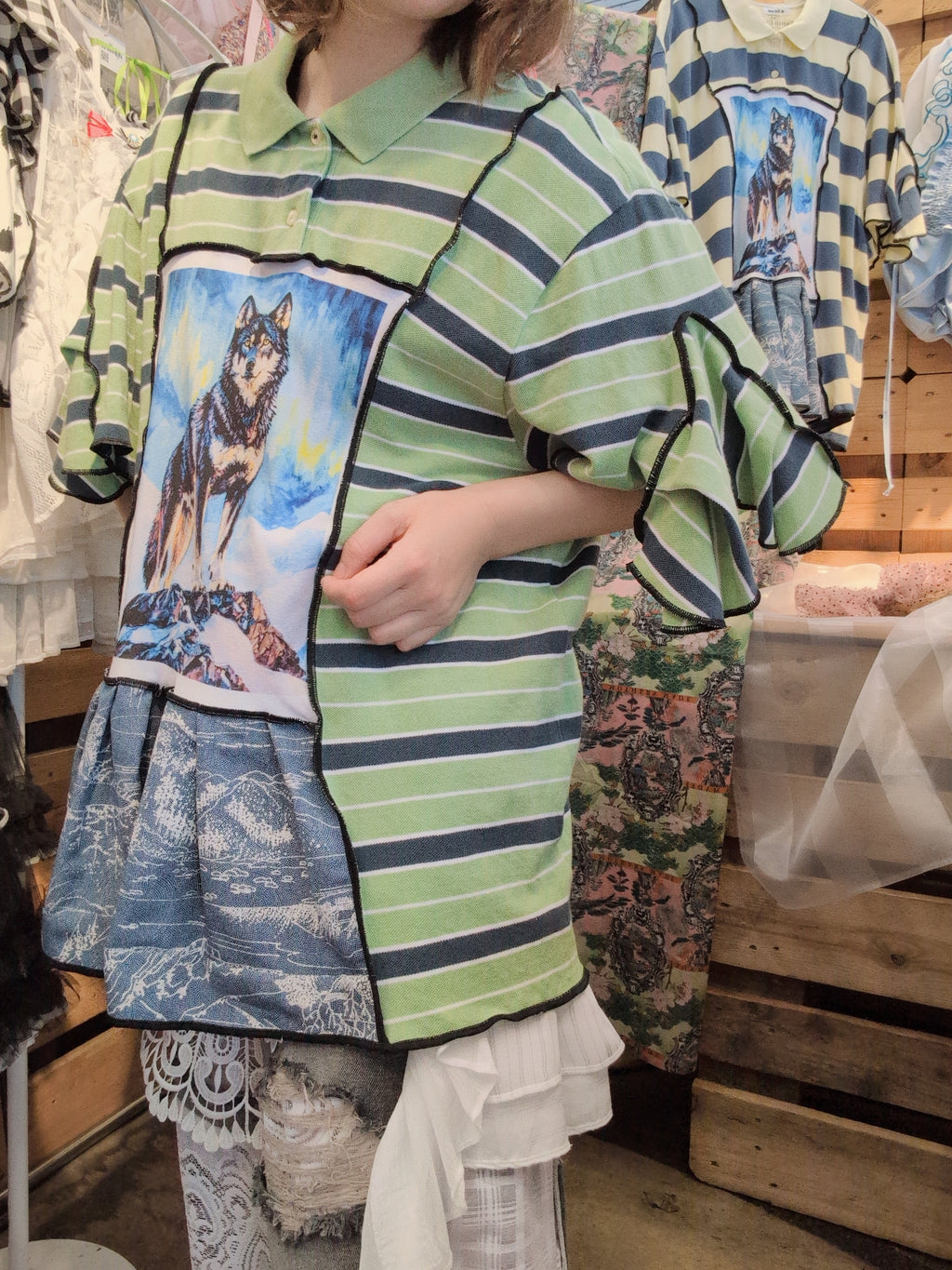 おおかみポロシャツ グリーンボーダー