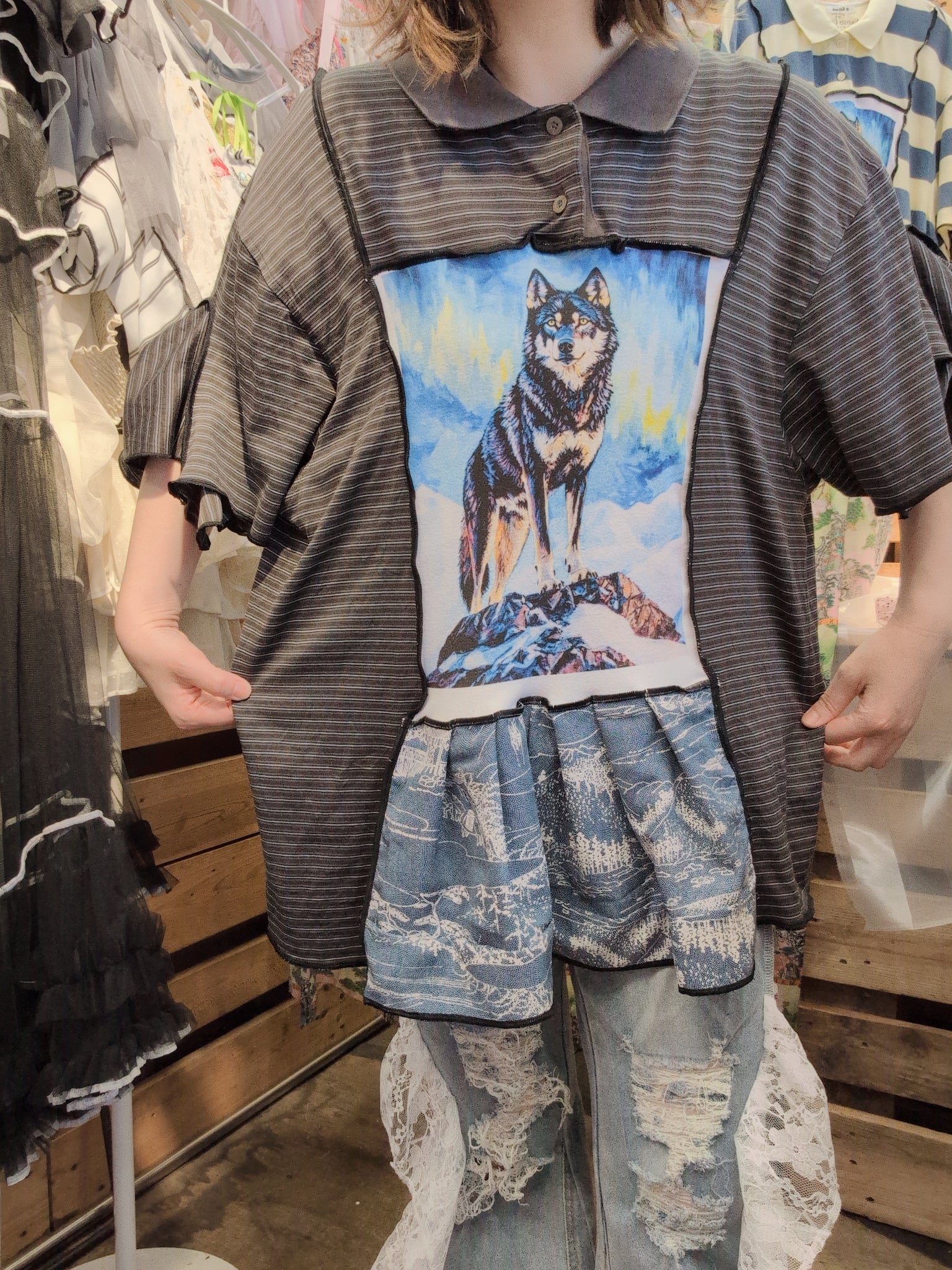 おおかみポロシャツ チャコールボーダー