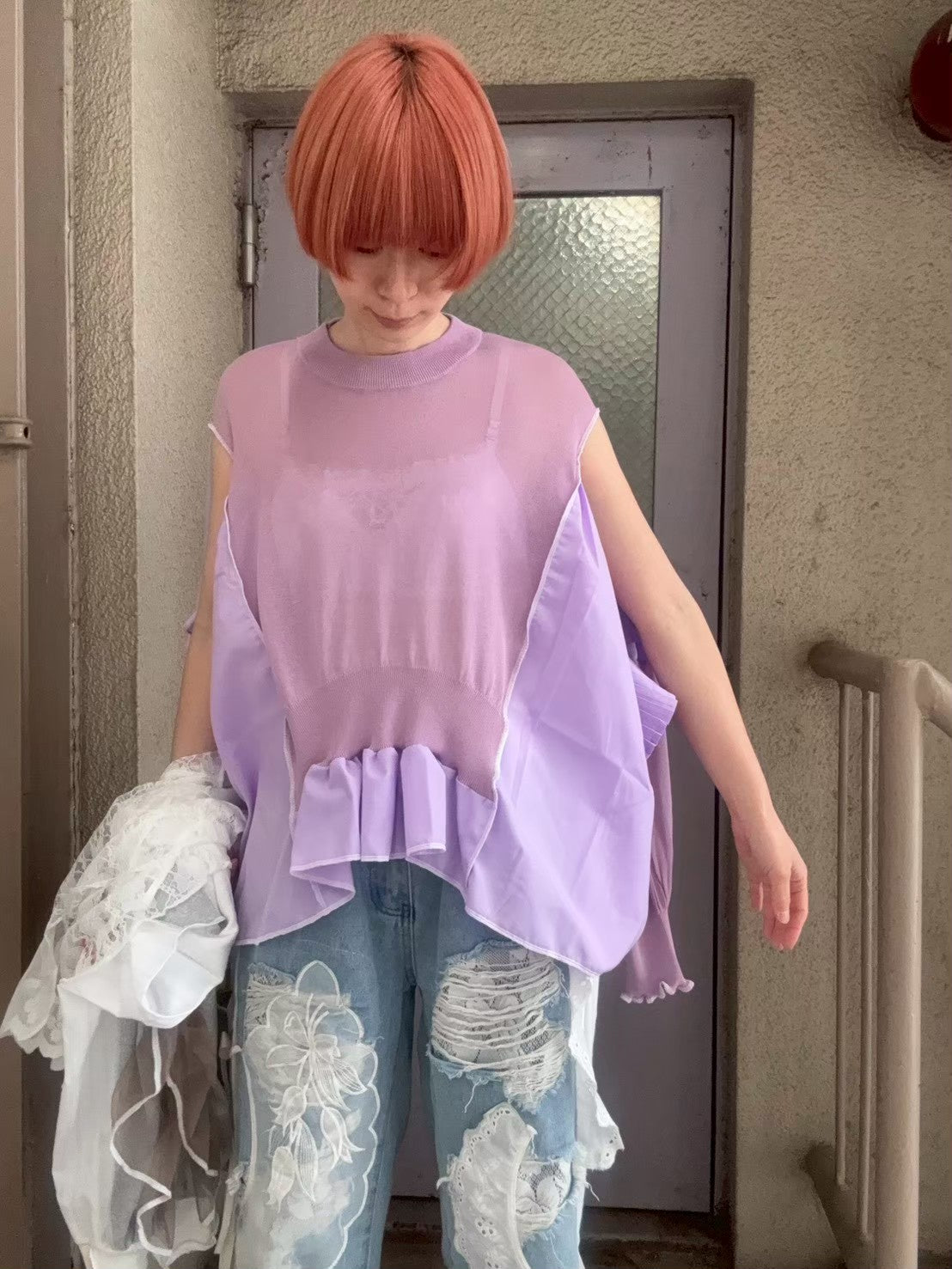 パープルピンクプリーツ切替ニット